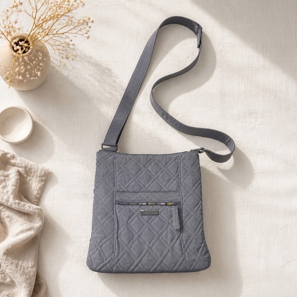 Vera Bradley Solid Gray Crossbody Quilted Purse, Moon Drops Pattern Lining